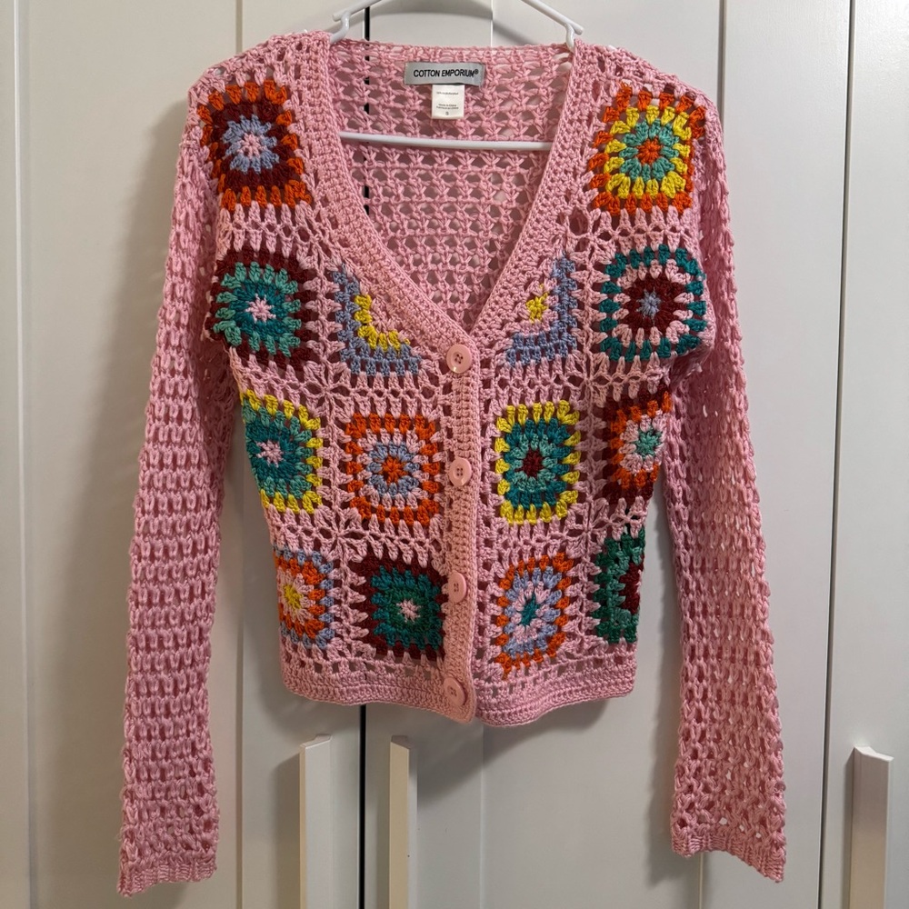 Pink crochet granny square button up cardigan size small